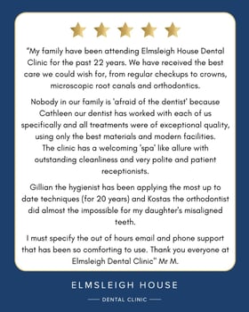5* Google review for dentist Cathleen Perrin, hygienist Gillian and Specialist orthodontist Kostas Spathoulas at Elmsleigh House Dental Clinic