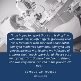 Feedback following specialist root canal treatment at Elmsleigh House in Farnham, Surrey